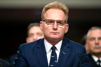 FILE - In this Dec. 3, 2019, file photo, acting Navy Secretary Thomas Modly testifies during a hearing of the Senate Armed Services Committee about about ongoing reports of substandard housing conditions in Washington. (AP Photo/Alex Brandon, File)