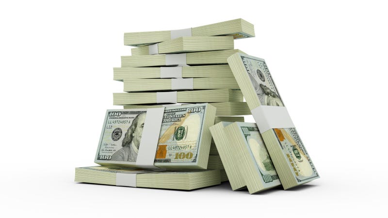3d rendering of Stacks of 100 US dollar notes. bundles of United states currency notes isolated on white background - stock photo
