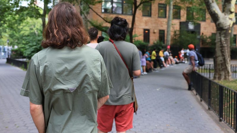 People wait in line to enter the Chelsea Sexual Health Clinic on July 08, 2022 in New York City. The Chelsea Sexual Health Clinic is one of two locations, currently administering a vaccine for Monkeypox in NYC. 