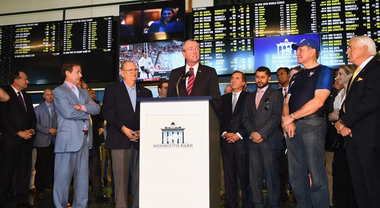 New Jersey Gov. Phil Murphy speaks June 14, 2018, at Monmouth Park in Oceanport as it opens and welcomes members of the public to place the first legal sports bets.