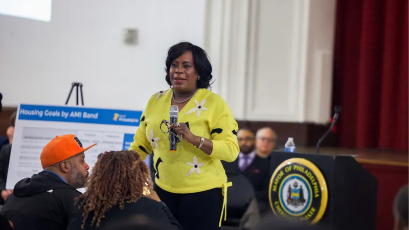 Philadelphia Mayor Cherelle Parker speaks at a podium