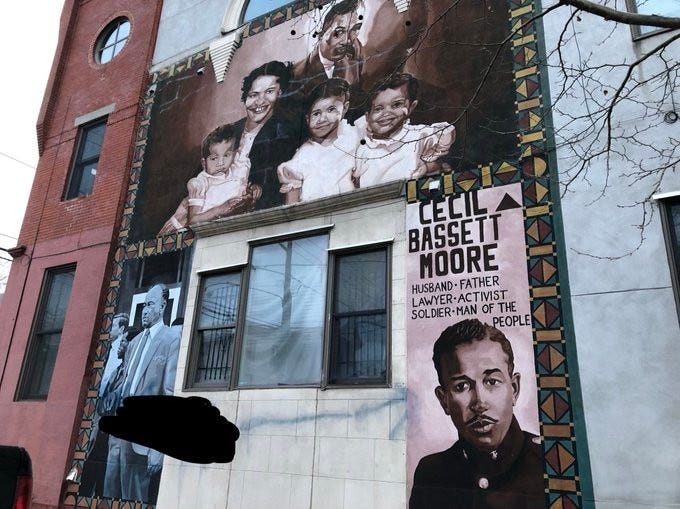 The mural of Cecil B. Moore at North Bouvier and West Jefferson streets was defaced over the weekend.
