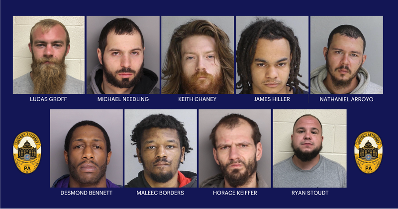 The Montgomery County District Attorney's Office on Tuesday announced charges against nine men for their alleged involvement in a gun trafficking ring.