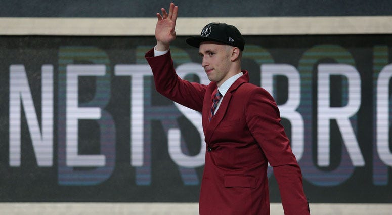 Dzanan Musa reacts after being selected as the No. 29 overall pick to the Brooklyn Nets at the NBA Draft on June 21, 2018, at the Barclays Center.
