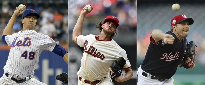 From left, Jacob deGrom, Aaron Nola, Max Scherzer