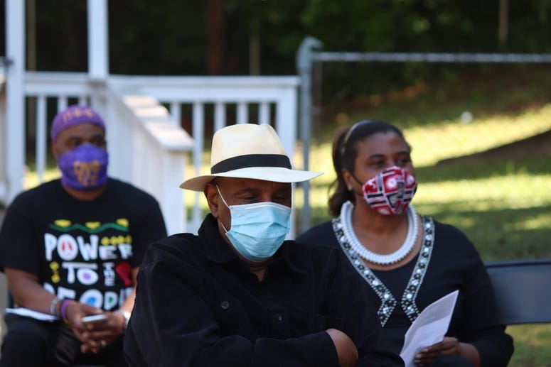During Tuesday's news conference in Atlanta, Reverend Doctor Gerald Durley (white hat), founder of the Concerned Black Clergy of Atlanta, called Ahmaud Abery’s death “immoral” and “unethical.”