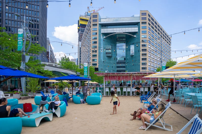 Campus Martius Park beach in summertime