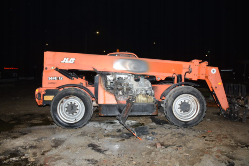 Police shared a photo of a damaged forklift that was set on fire Nov. 27 in a construction area on the northwest corner of 95th Street and Route 59.