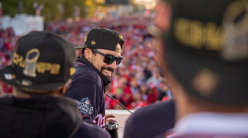 Washington Nationals players and coaches roll through the streets of Washington, D.C. and then speak on stage, celebrating their 2019 World Series championship with a few hundred thousand fans on November 2, 2019. 