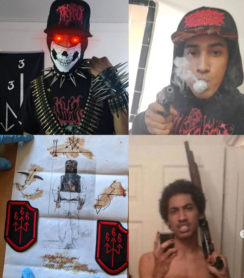 Top left: Almeida standing in front of Order of Nine Angels symbol. Top right: Almeida pointing a handgun at the camera. Bottom left: A drawing recovered during the raid on Almeida's home. Bottom right: Almeida posing with a shotgun.