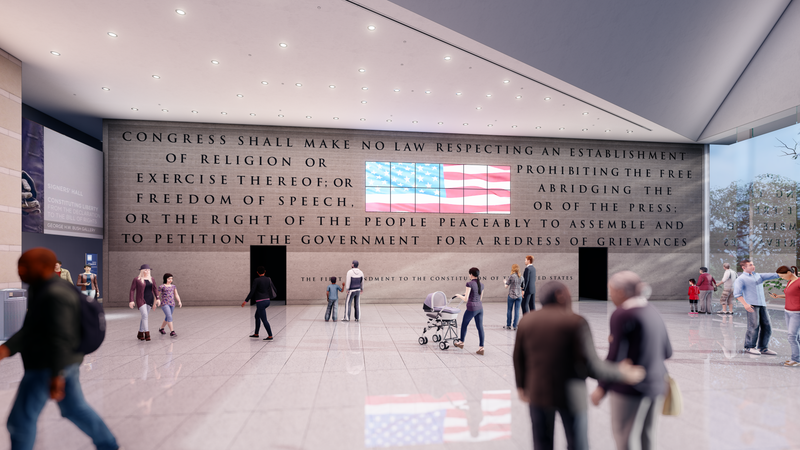 A rendering of how the First Amendment tablet will look inside the National Constitution Center, after being moved from the former Newseum in Washington, D.C.