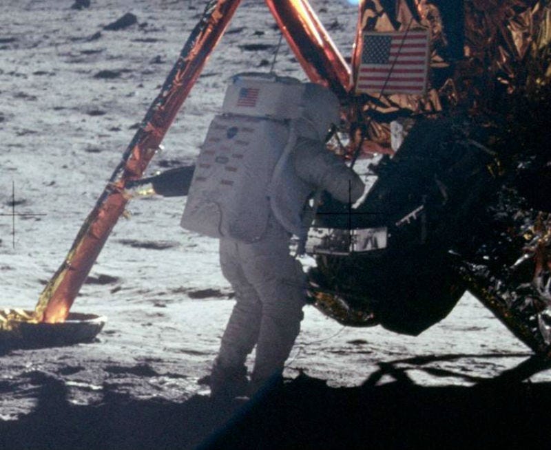 A photograph of Neil Armstrong taken by Buzz Aldrin. This is one of the few photographs of Armstrong on the lunar surface; most of the time he had the camera.