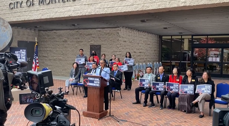 Gun safety advocates gather in Monterey Park Monday to announce the introduction of three new proposals aimed at preventing gun laws in California.