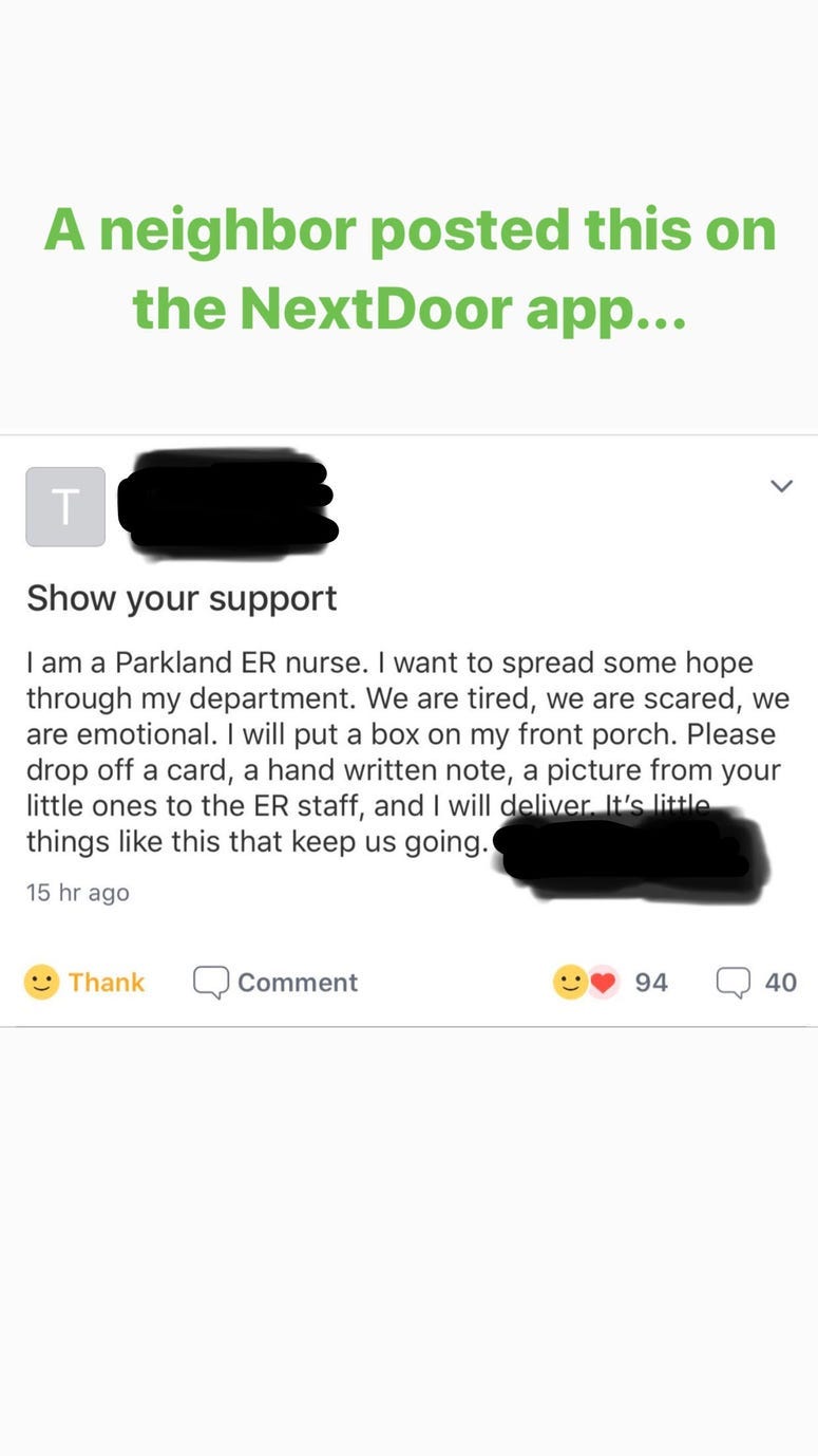 NextDoor message asking for words or encouragement for Parkland workers