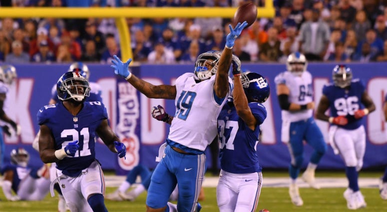 New York Giants cornerback Ross Cockrell (37) defends against Detroit Lions wide receiver Kenny Golladay (19) on an incomplete pass in the first half during a NFL football game at MetLife Stadium.