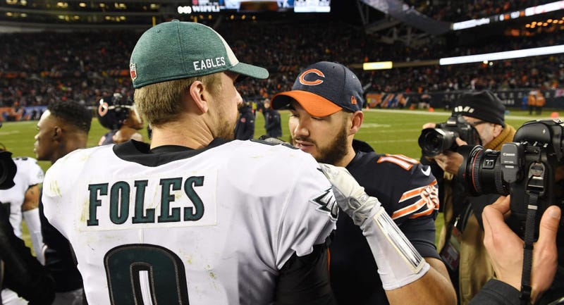 Then-Eagles quarterback Nick Foles (9) greets Bears quarterback Mitchell Trubisky (10) after Philadelphia defeated Chicago in a wild-card round game in January 2019.