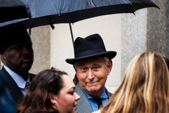 FILE - In this Nov. 12, 2019 file photo, Roger Stone, a longtime Republican provocateur and former confidant of President Donald Trump, waits in line at the federal court in Washington.(AP Photo/Manuel Balce Ceneta)