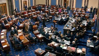 In this image from video, Senators cast their vote on the motion to allow additional witnesses and evidence to be allowed in the impeachment trial against President Donald Trump in the Senate at the U.S. Capitol. (Senate Television via AP)