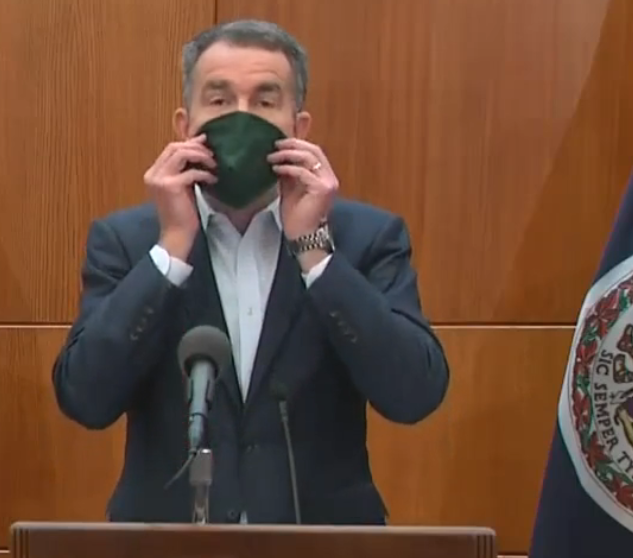 Governor Ralph Northam displays mask use during a briefing on coronavirus on April 6, 2020. (Governor's Facebook Page)