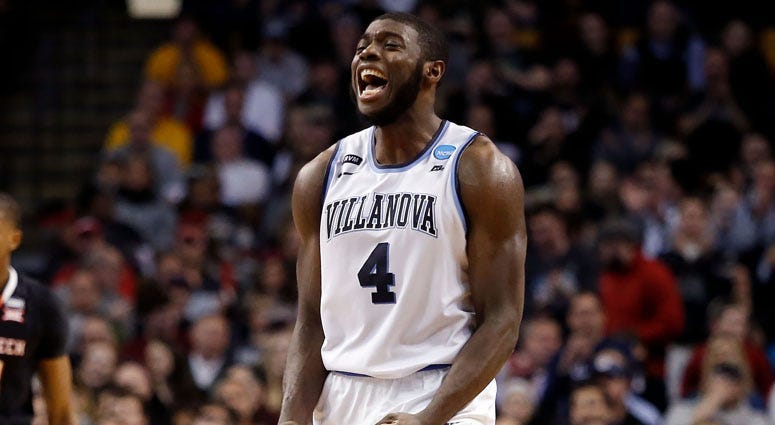 Villanova forward Eric Paschall (4) reacts after drawing a foul against Texas Tech on March 25, 2018, at the TD Garden in Boston.