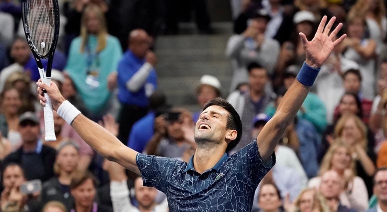 Novak Djokovic celebrates match point against Juan Martin del Potro in the US Open men's final on Sept. 9, 2018, at the USTA Billie Jean King National Tennis Center.