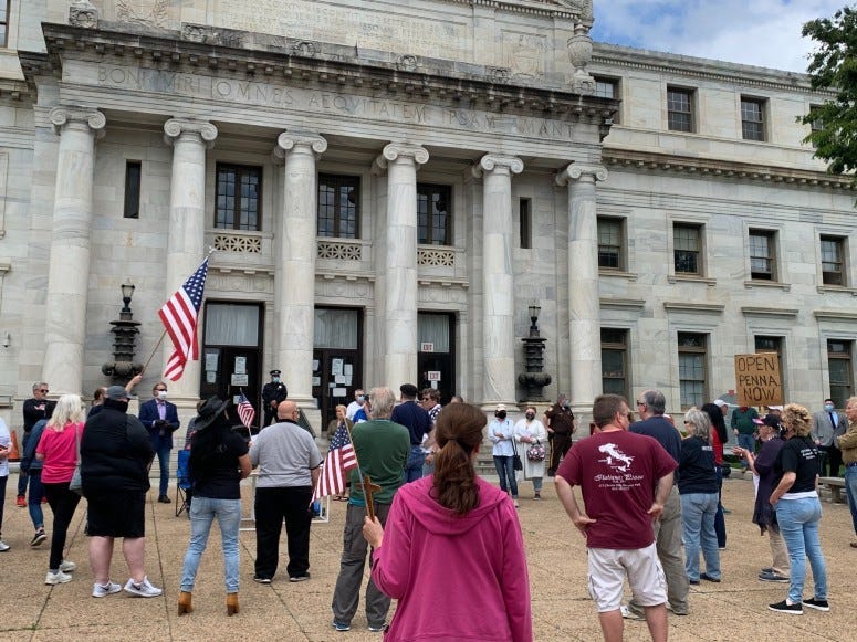 Protesters at Open Up Delco Freedom rally at the Delaware County courthouse