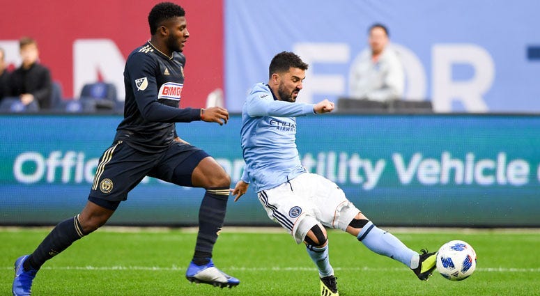NYCFC forward David Villa attempts a shot defended by Philadelphia Union defender Mark McKenzie on Oct. 28, 2018, at Yankee Stadium.