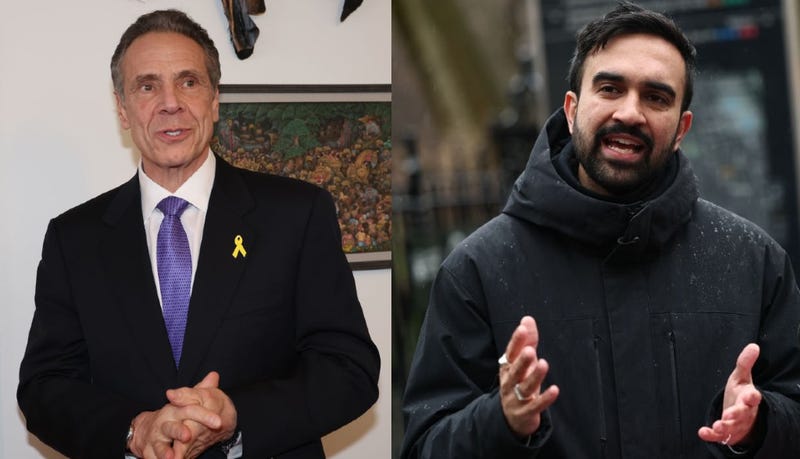 New York City mayoral candidate Andrew Cuomo attends Cuomo For Mayor Fundraiser Celebration on March 16, 2025 in New York City. // New York mayoral candidate, State Rep. Zohran Mamdani speaks during a press conference outside of City Hall on March 24, 2025 in New York City.