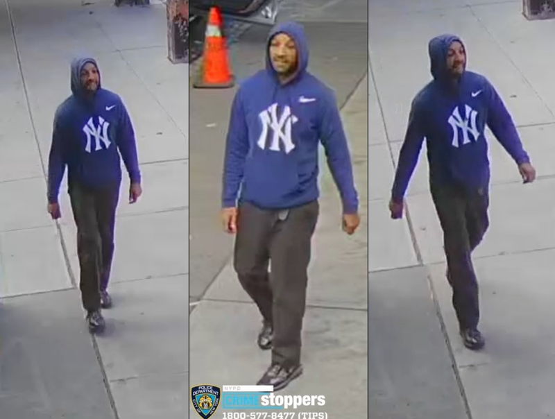 Police are searching for a man in a Yankees hoodie who they believed slashed multiple tires on an NYPD vehicle Wednesday afternoon