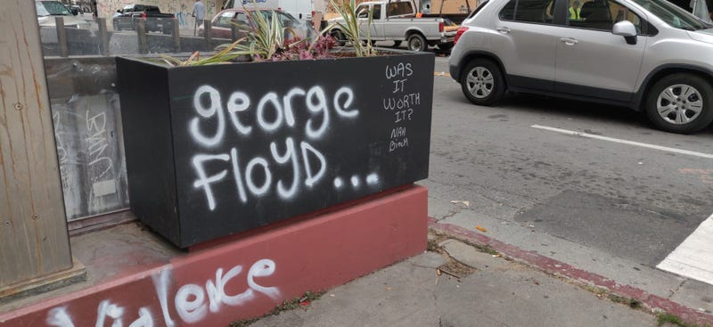 Graffiti seen in downtown Oakland following Friday's protest.