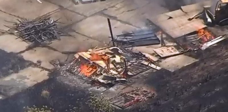 Footage from KPIX shows structures burning in a fire that started in unincorporated Oakley on Aug. 7, 2019.