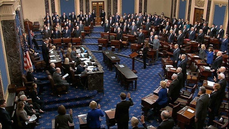 Supreme Court Chief Justice John Roberts swears in members of the Senate for the impeachment trial against President Donald Trump at the U.S. Capitol in Washington, Thursday, Jan. 16, 2020. (Senate Television via AP)