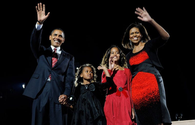 President Barack Obama, Michelle Obama, Sasha Obama and Malia Obama on Election Night 2008