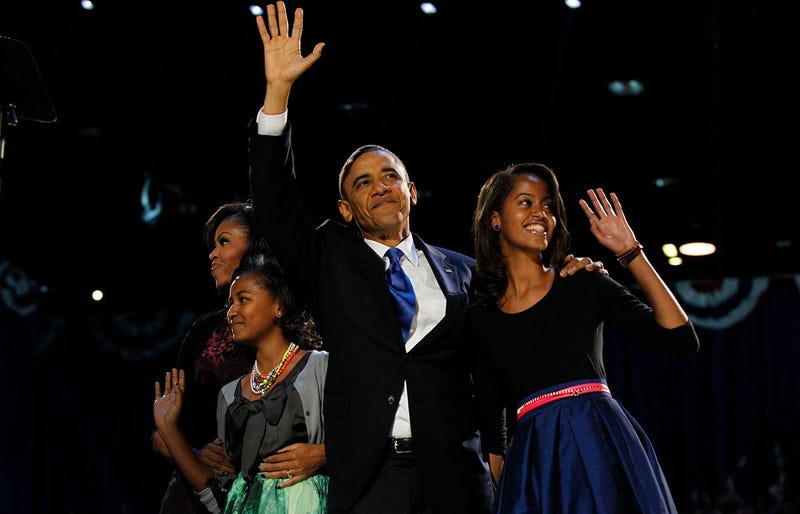 President Barack Obama, Michelle Obama, Sasha Obama and Malia Obama on Election Night 2012