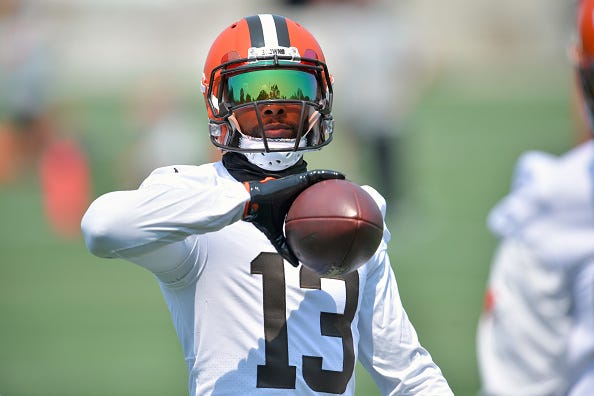 Odell Beckham Jr. catches a pass at Browns camp. 