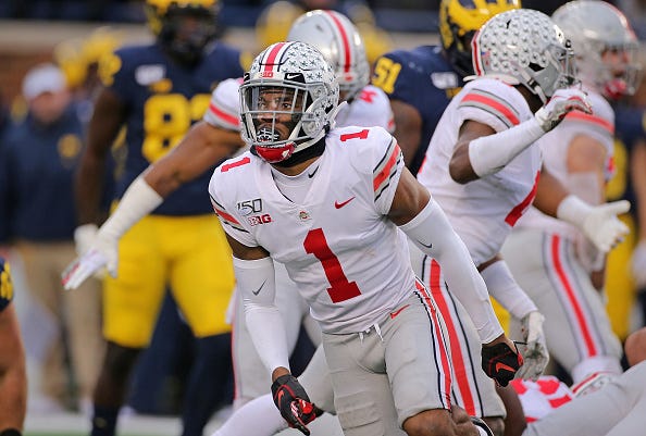 Jeffery Okudah celebrates a play for Ohio State. 
