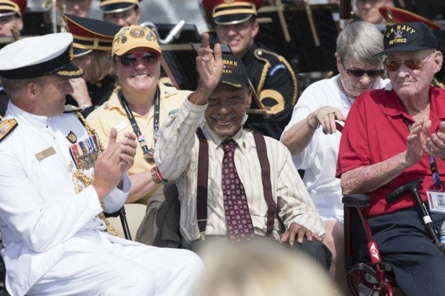 World War II veteran Anthony H. Grant is recognized during a ceremony at the National World War II Memorial to commemorate the 75th anniversary of D-Day and Operation Overlord, Washington, D.C., June 6, 2019.
