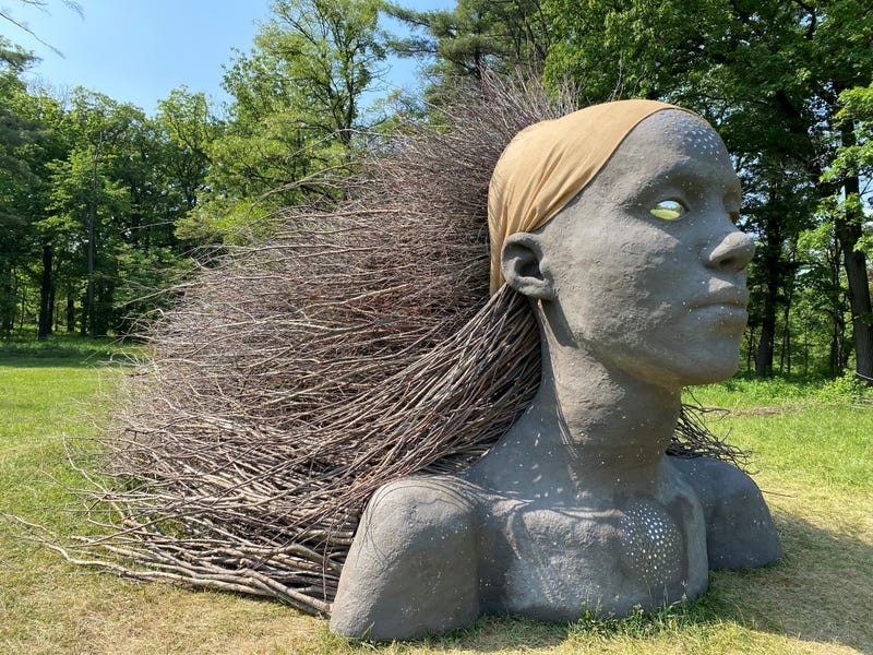 sculpture of woman with sweeping hair of branches