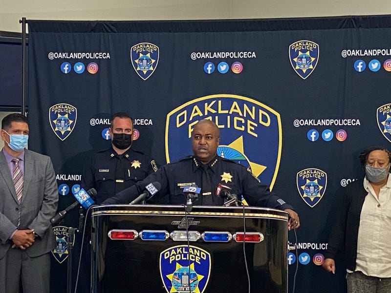 Oakland Police Department Chief LeRonne Armstrong updating the Lake Merritt shooting at a press conference Monday.