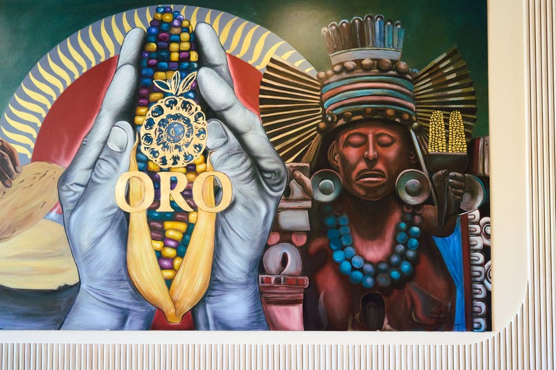 Oro by Nixta celebrates the heirloom, multi-color corn they source from Mexico on the walls of the restaurant. 