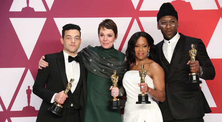 From left, Academy Award winners Rami Malek, Olivia Colman, Regina King and Mahershala Ali
