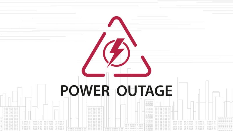 Power outage, warning red line sign with triangular icon of electricity and line silhouette of city on background, white illustration