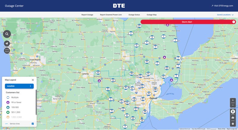 DTE Energy outage map around 11:45 a.m. Monday