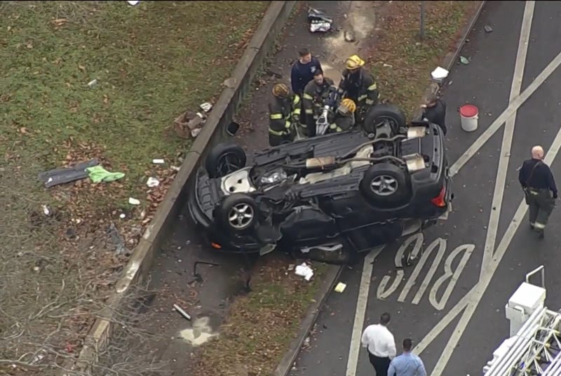 An overhead view of the SUV which flipped over, police say, it was involved in a possible road rage situation and crashed into the 12th Police District station in Southwest Philadelphia.