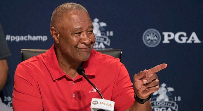 MLB Hall of Famer Ozzie Smith speaks at a news conference to honor Smith as the 100th PGA Championship Host City Champion on Aug. 8, 2018, at Bellerive Country Club in St. Louis.