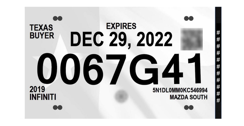 An example of new paper license plates that will be issued by the Texas Department of Motor Vehicles.
