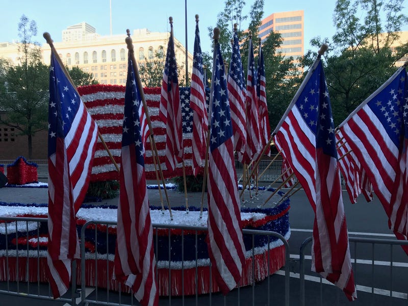 Floats begin to line up for the Independence Day Parade.