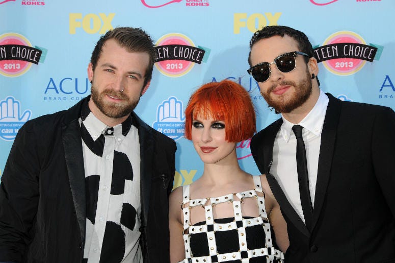 Jeremy Davis, Hayley Williams, Taylor York, Paramore. 2013 Teen Choice Awards - Arrivals held at Gibson Amphitheatre.