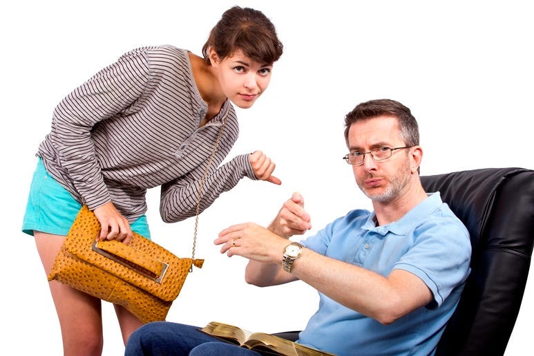 Worried Father and Late Daughter. People, scolding.