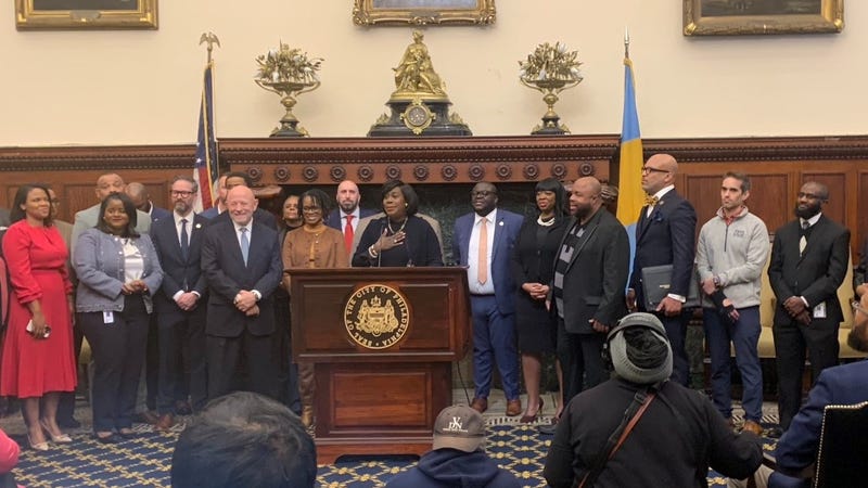 Mayor Cherelle Parker (center) announces new members of her administration at City Hall.